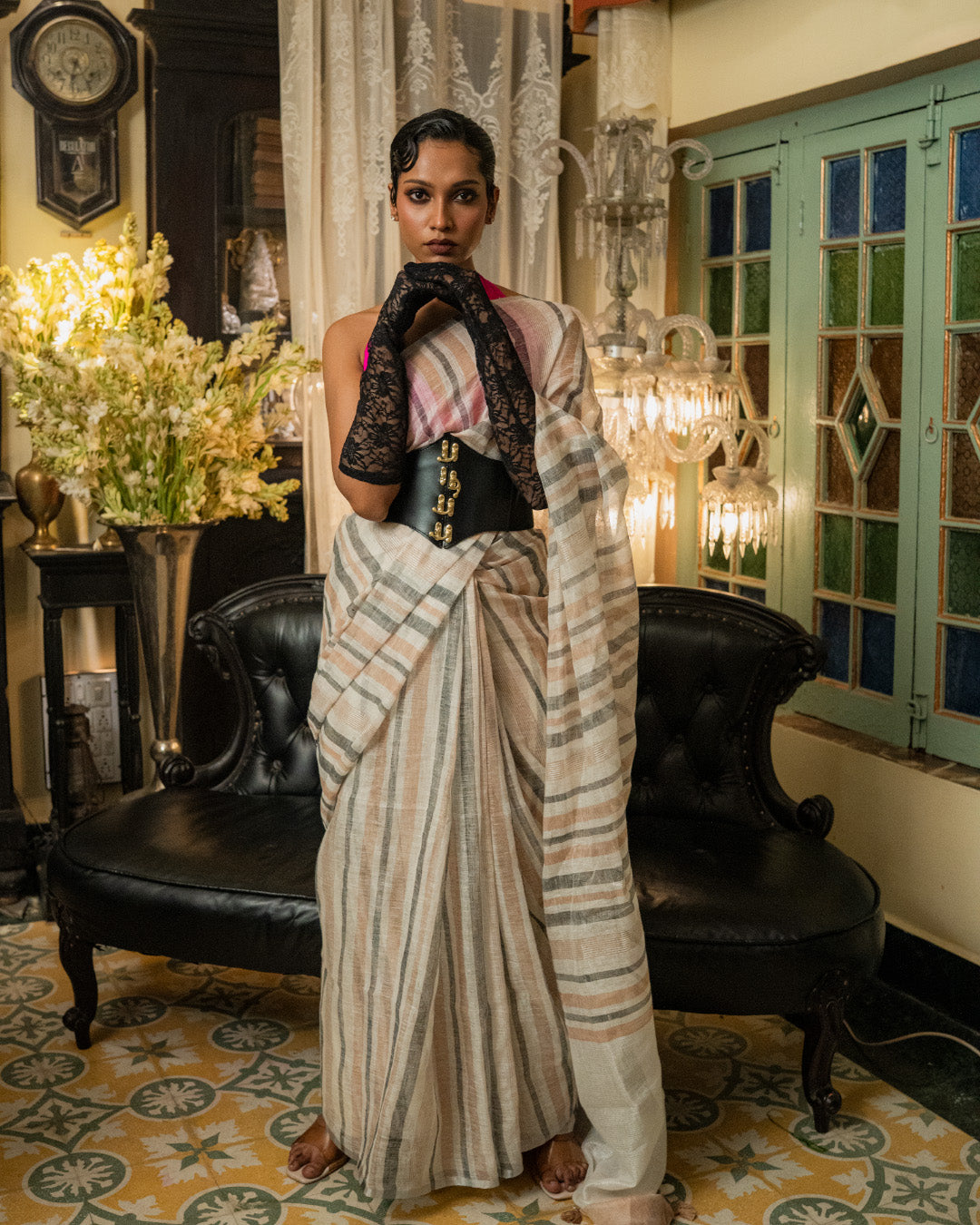Off-White Blended Linen Saree