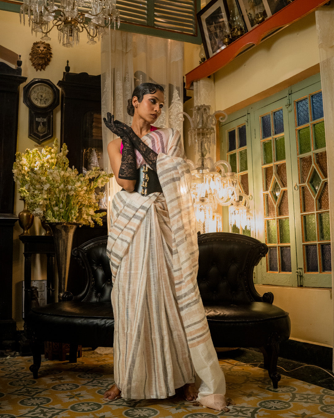 Off-White Blended Linen Saree