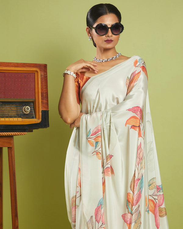 Beige Printed Viscose Crepe Saree