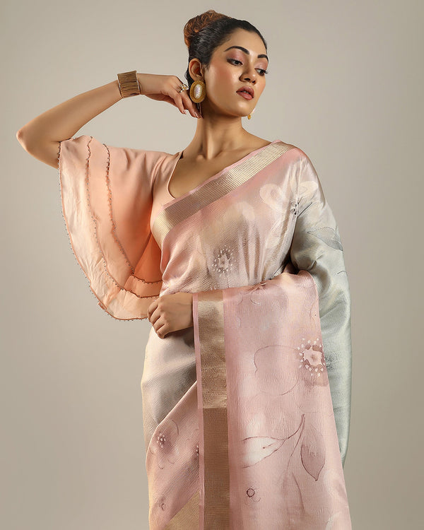 Light Pink and Grey Shaded Polyster Tussar Saree