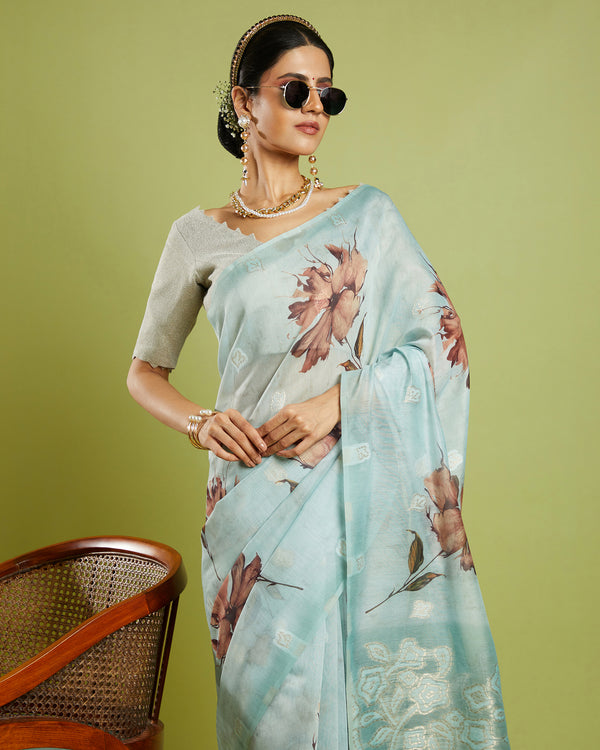 Green Printed Blended Tussar Saree