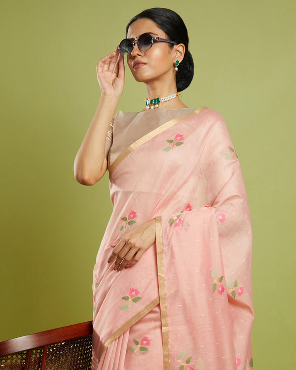 Pink Woven Blended Cotton Saree