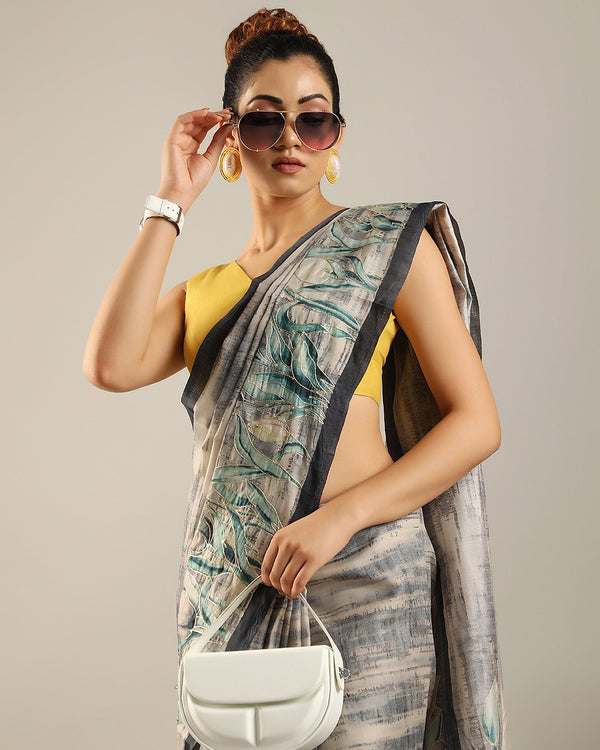 Lavender and Beige viscose tussar printed saree