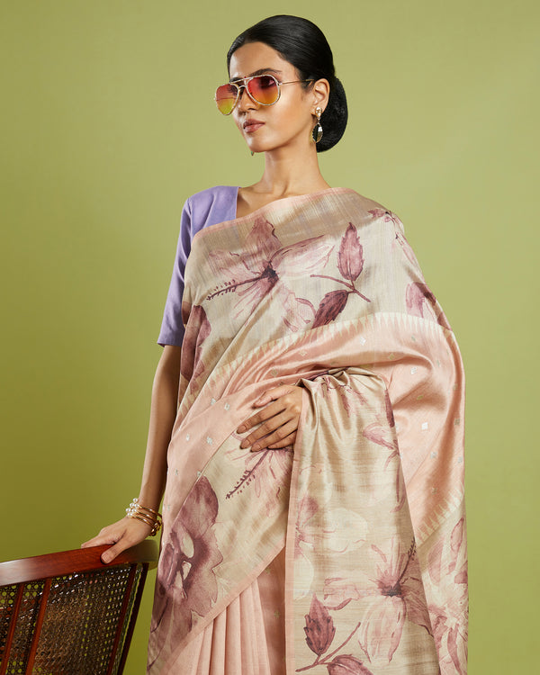 Pink Embroidered Blended Tussar Saree