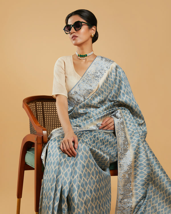 Beige and Blue Printed Tussar Silk Saree