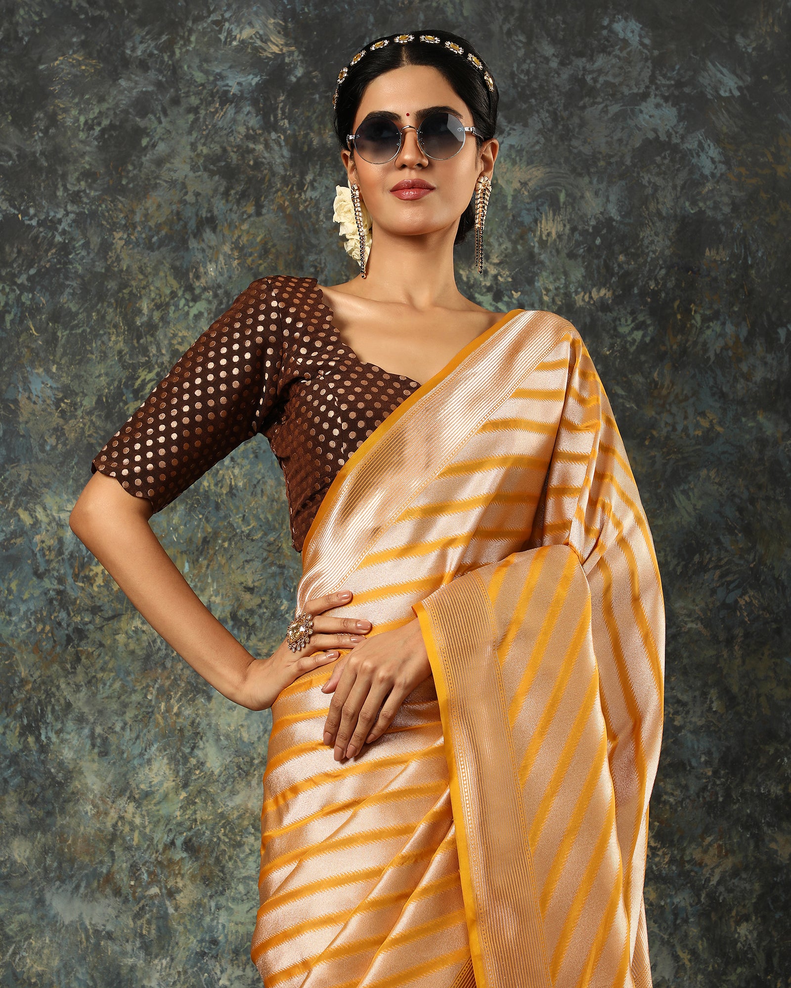 Musturd Yellow Woven Striped Fancy Blended Banarasi Silk Saree