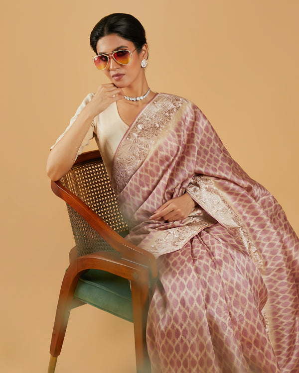 Beige and Pink Printed Tussar Silk Saree