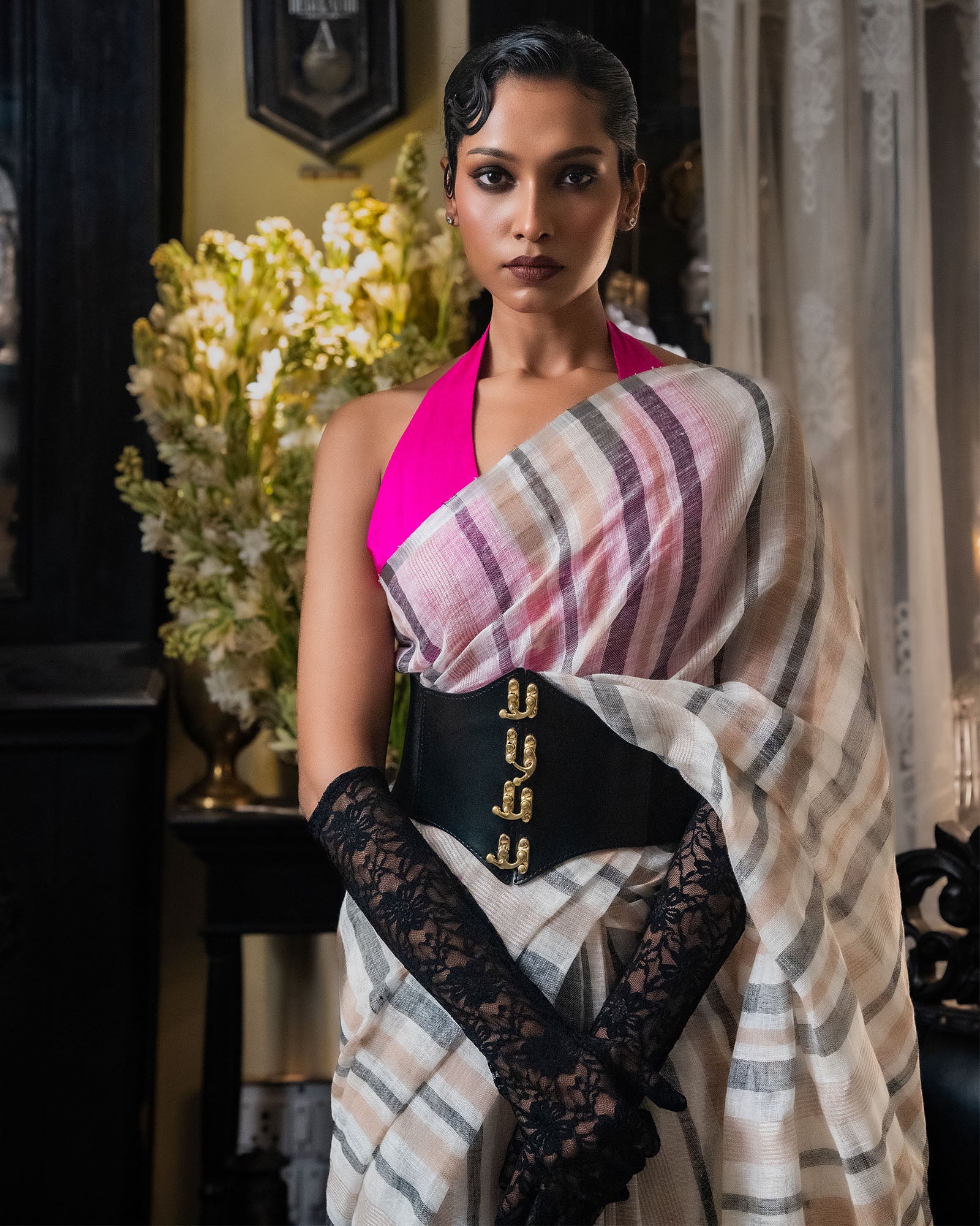 Off-White Blended Linen Saree