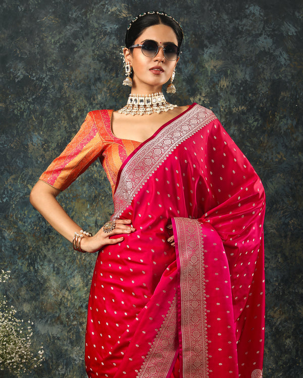 Pink Zari Woven Viscose Banarasi Saree