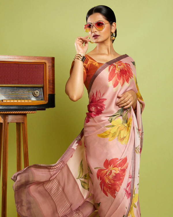 Pink Printed Viscose Crepe Saree