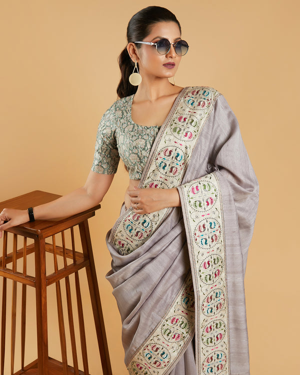 Grey Tussar Silk Saree