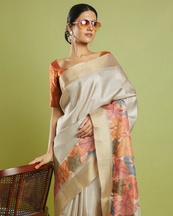 Beige Printed Blended Tussar Saree