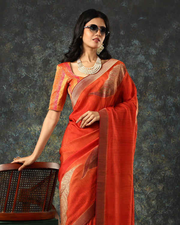 Orange Woven Viscose Tussar Saree