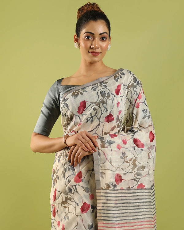 White viscose tussar printed saree