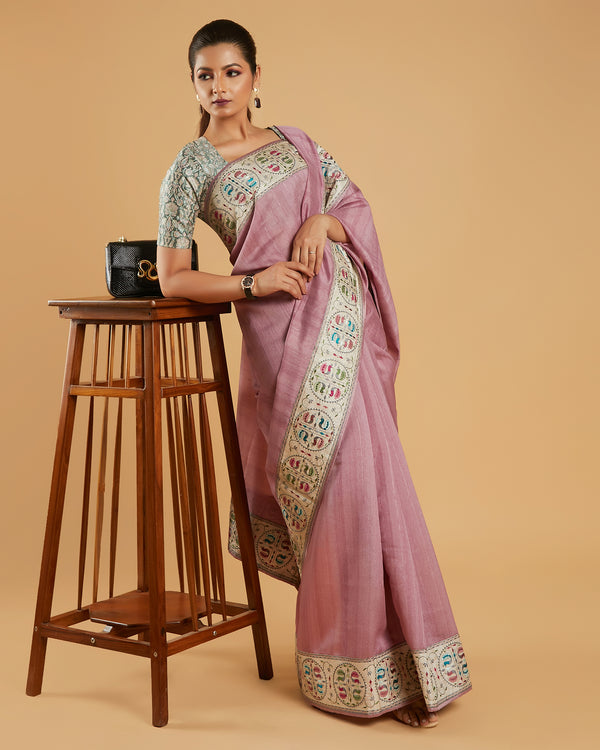 Pink Tussar Silk Saree