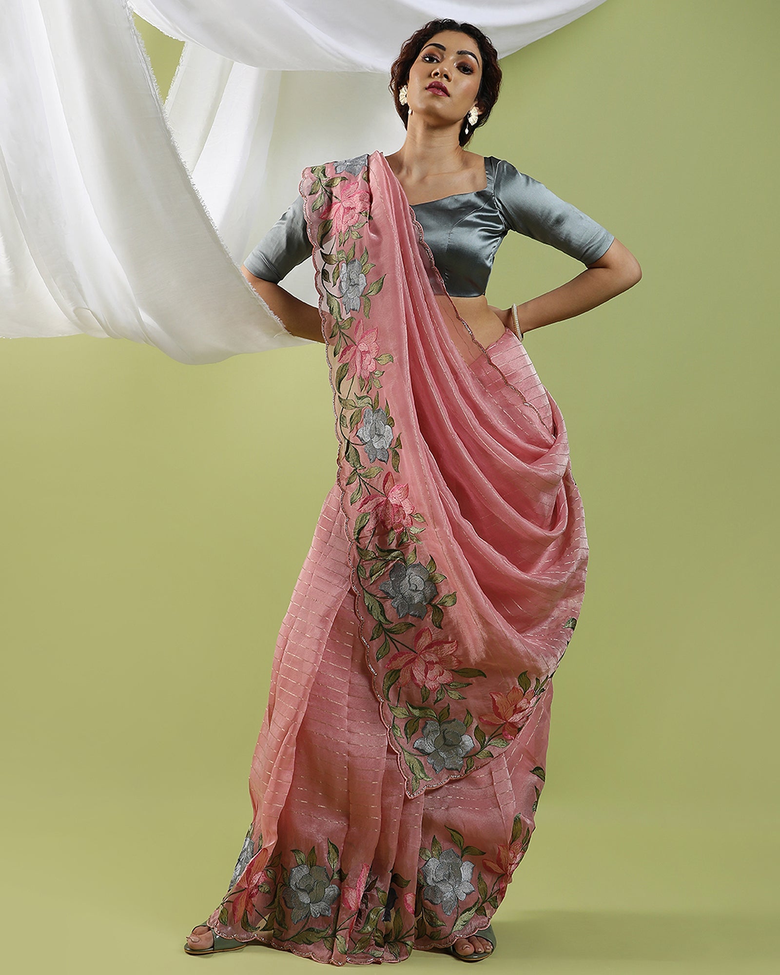Pink Woven Stirped Fancy Blended Organza Silk embroidered saree