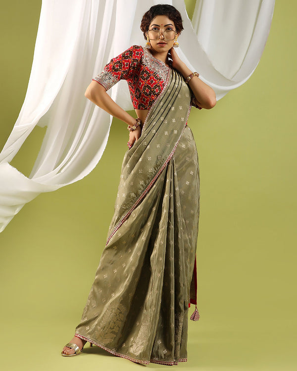 Green Viscose tissue embroidered saree