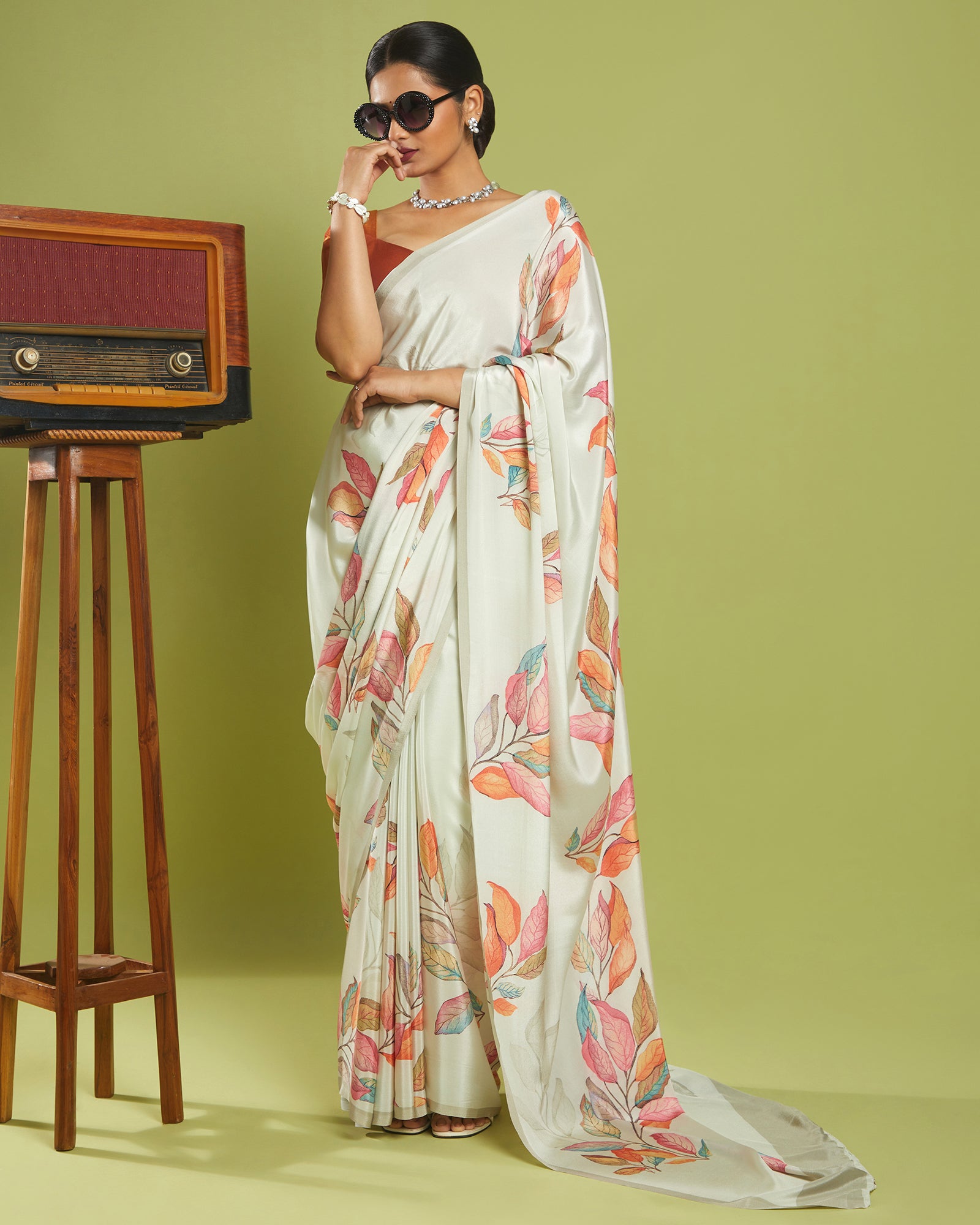 Beige Printed Blended Crepe Silk Saree