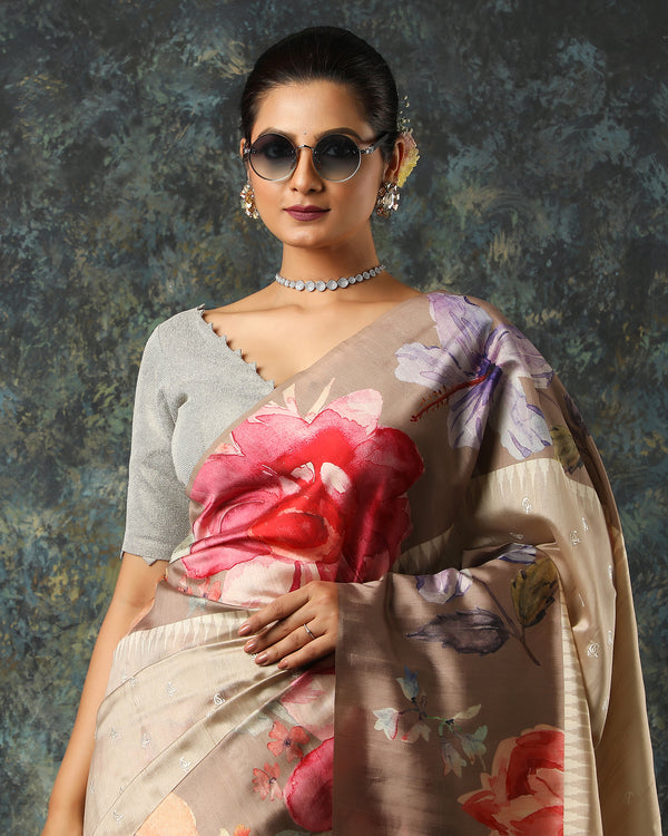 Beige Embroidered Tussar Silk Saree