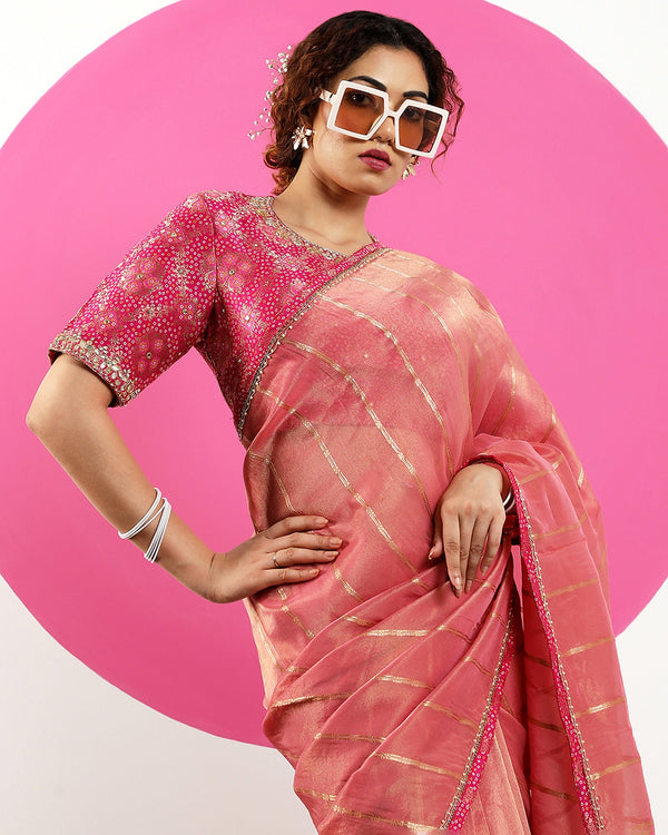 Peach Viscose Organza Tissue Embroidered Saree