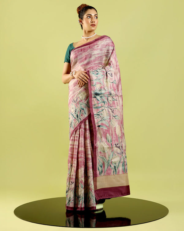 Pink and Beige viscose tussar printed saree