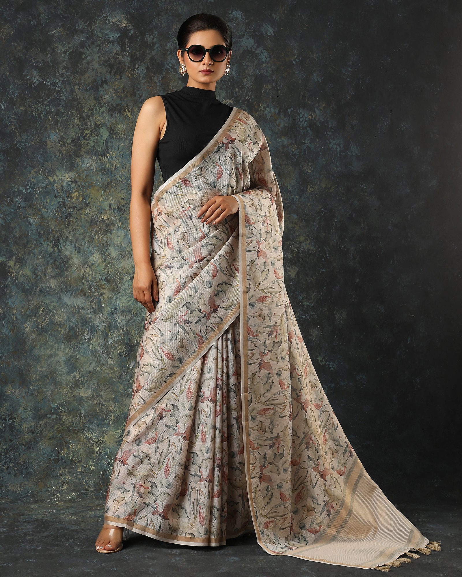 Beige Printed Blended Fancy Tissue Silk Saree