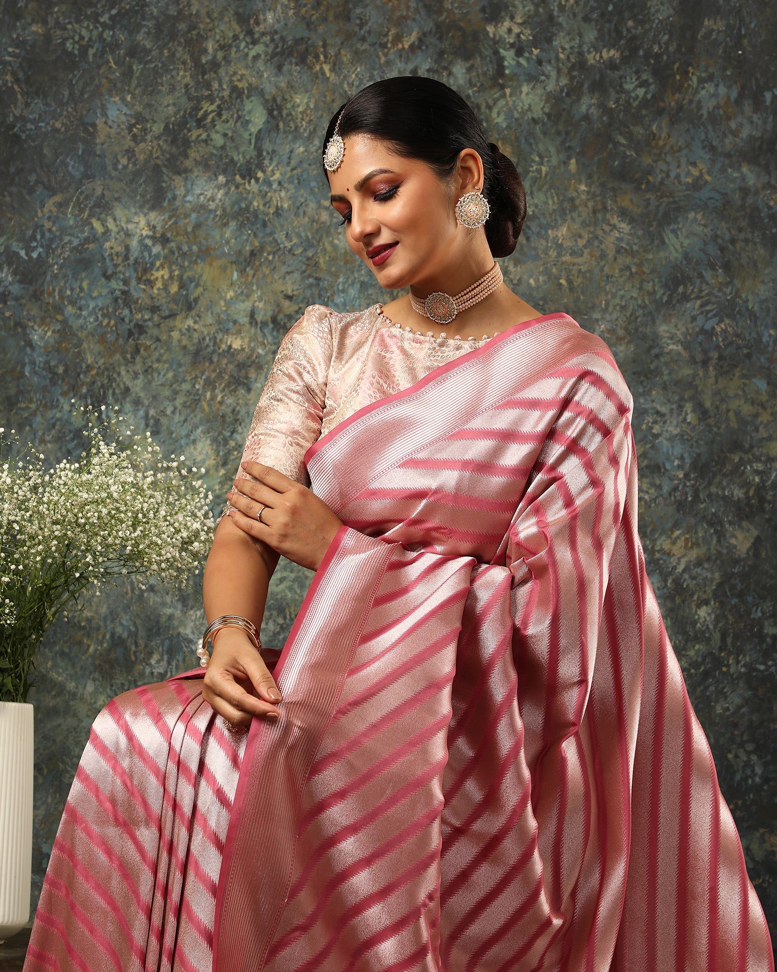 Pink Zari Striped Saree online