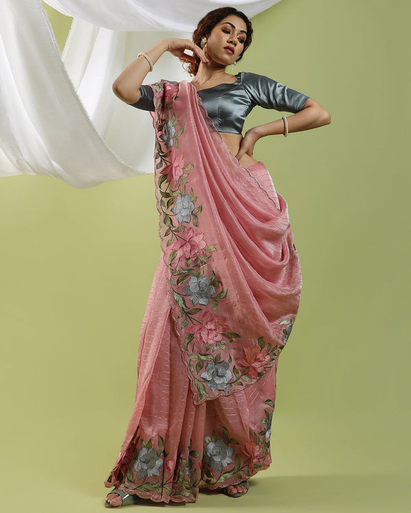 Pink Viscose organza embroidered saree