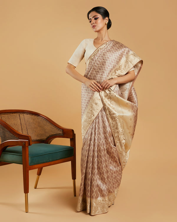 Beige Printed Tussar Silk Saree