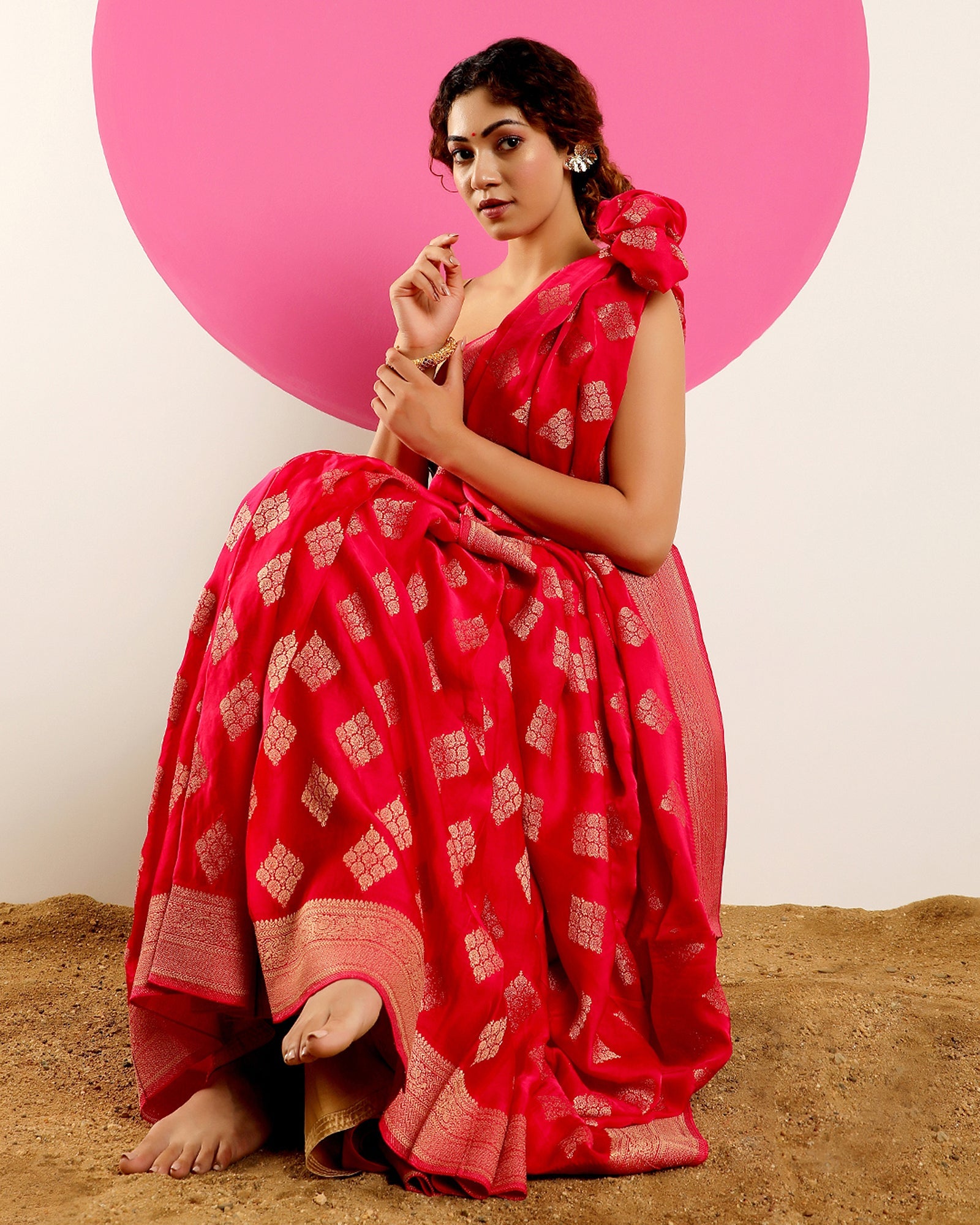 Reddish Pink Woven Zari Fancy Blended Crepe Silk Saree