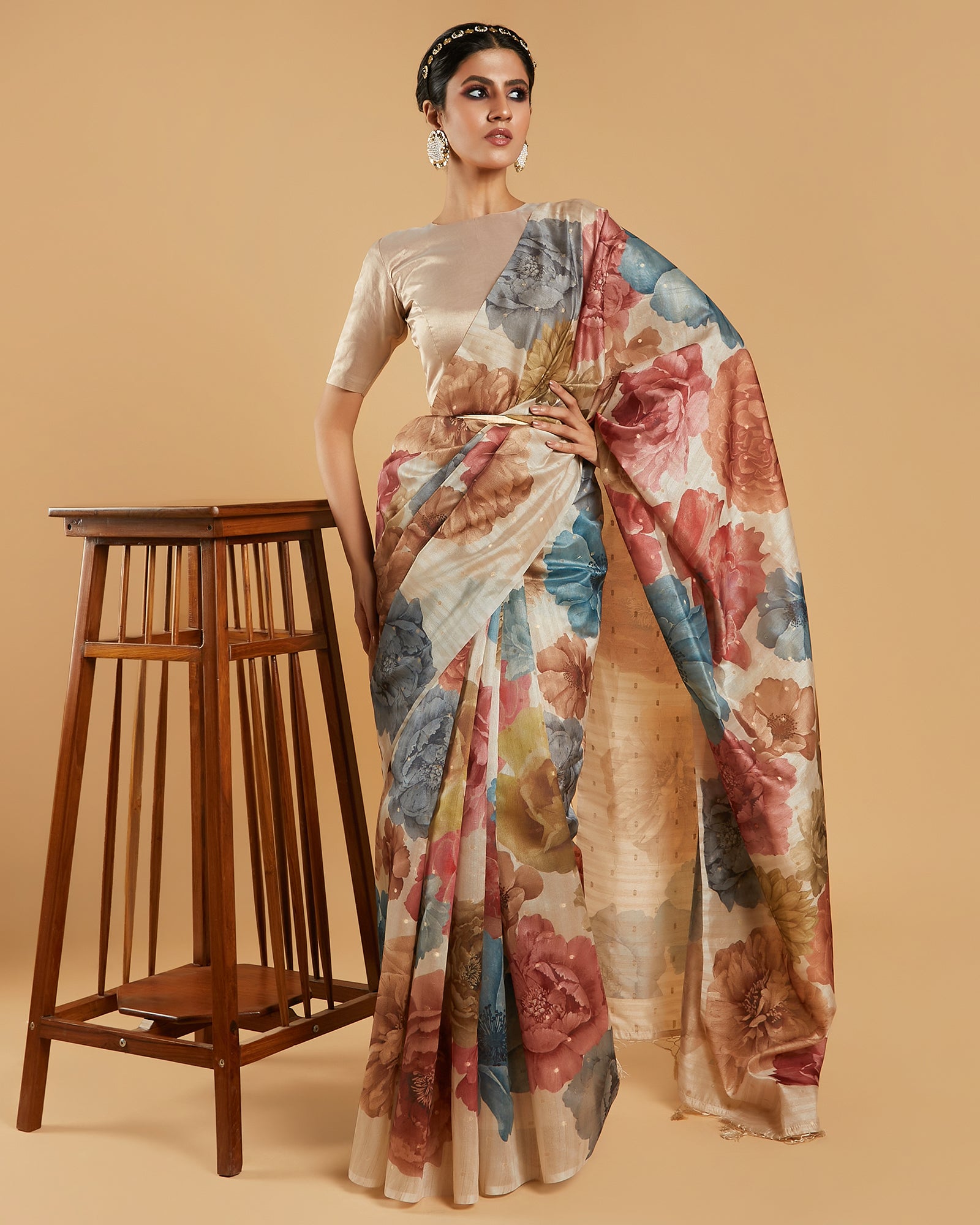 Beige Floral Printed Blended Tussar Silk Saree