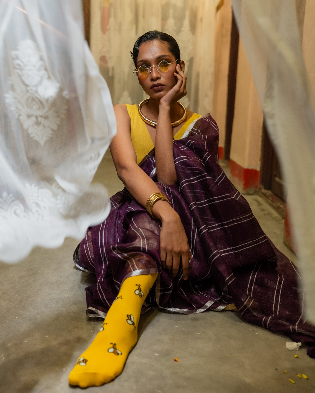 Purple Blended Linen Saree