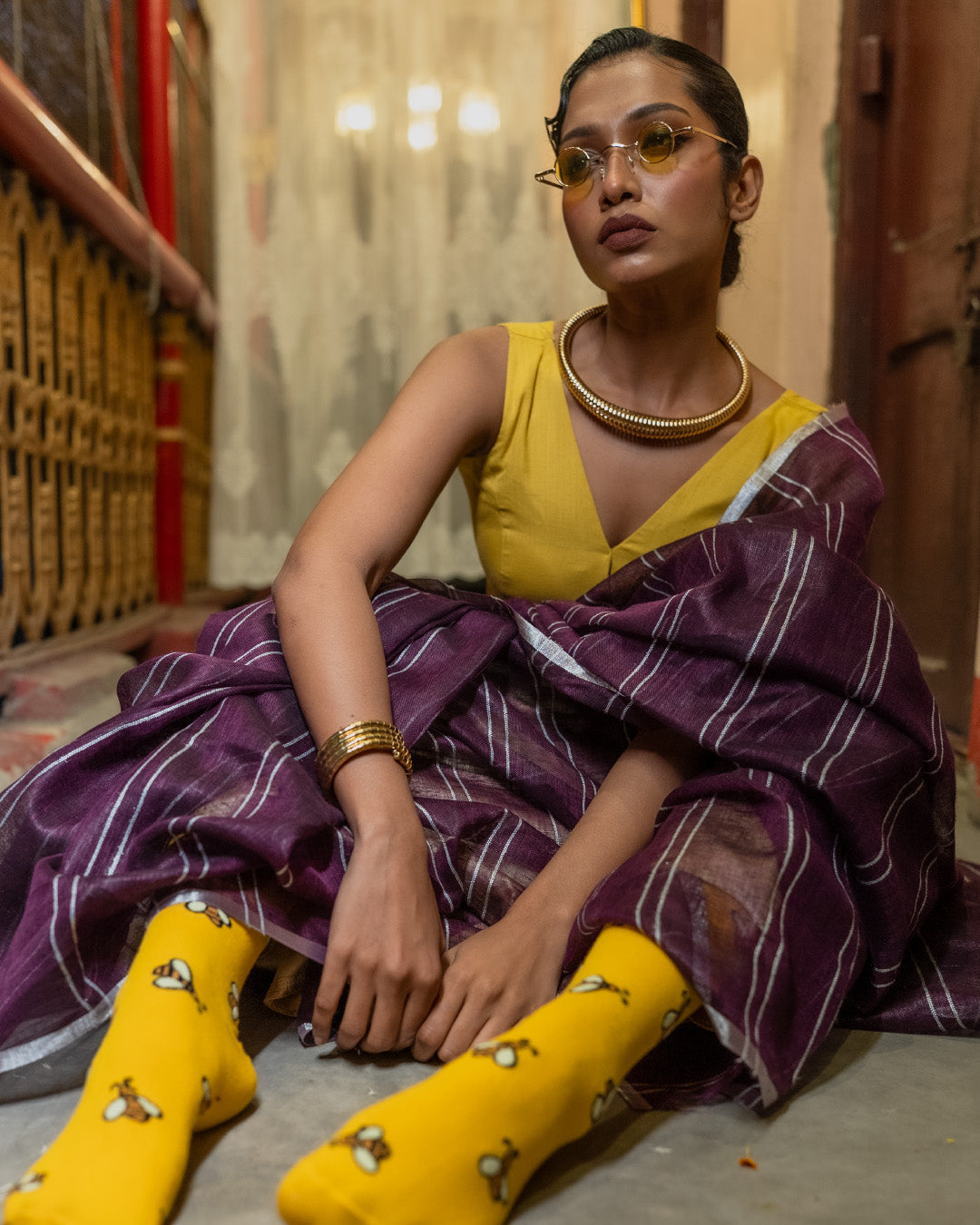 Purple Blended Linen Saree