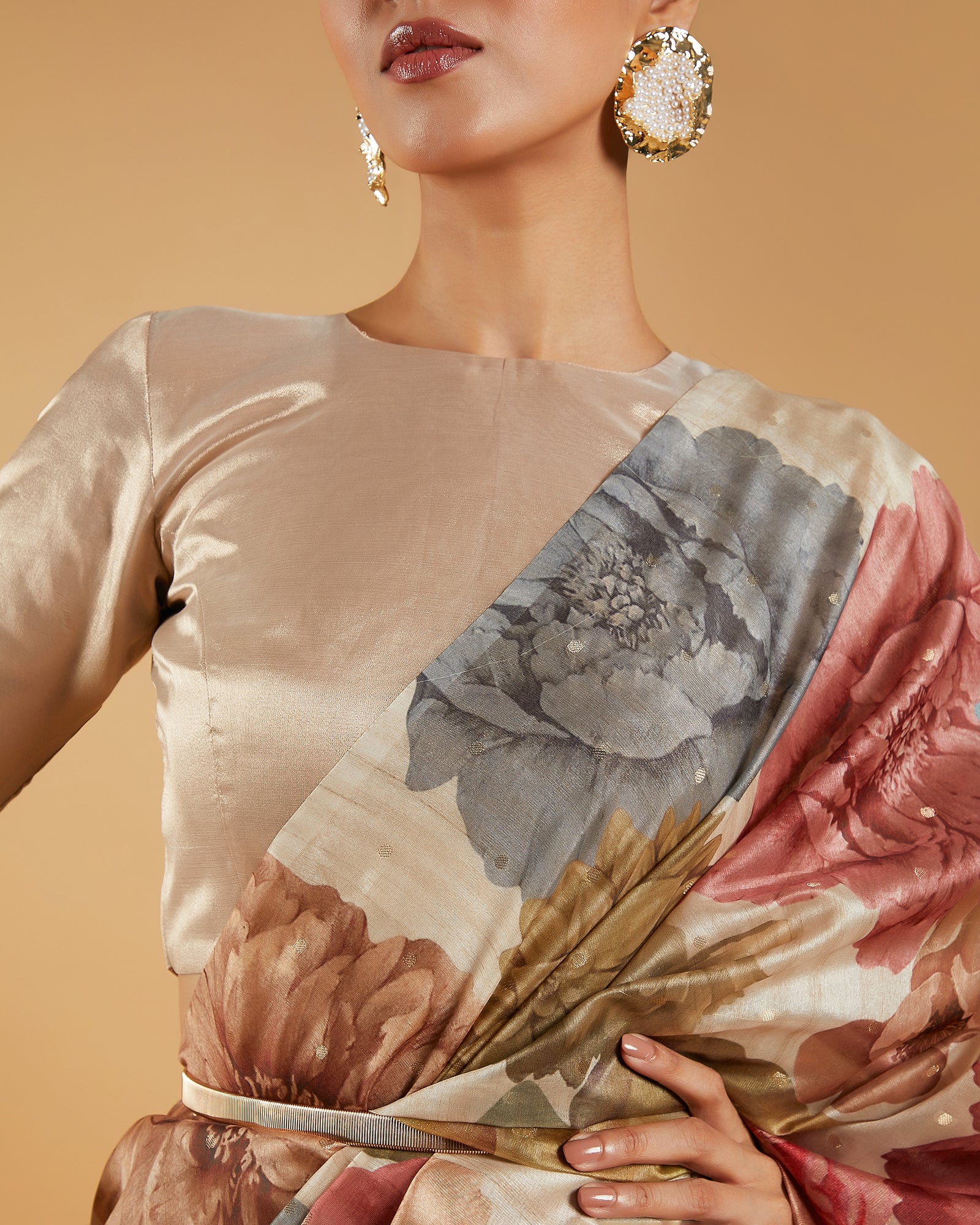 Beige Floral Printed Blended Tussar Silk Saree