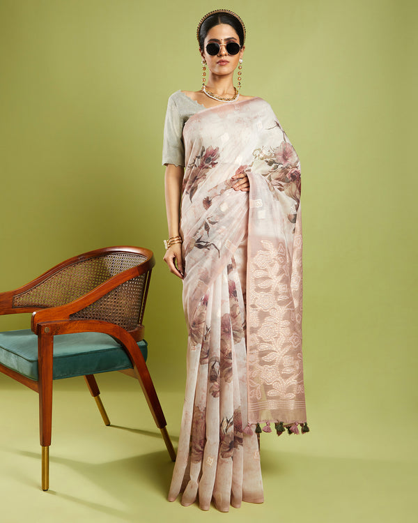 Light Pink Printed  Blended Tussar Saree