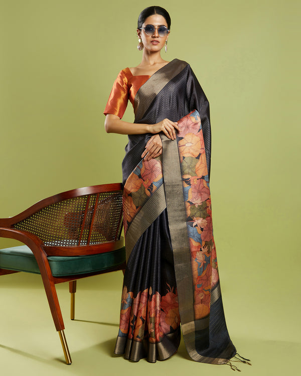 Grey Printed Blended Tussar Saree