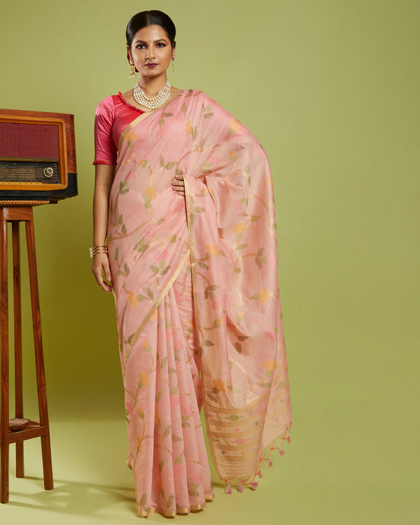 Pink Woven Blended Cotton Saree