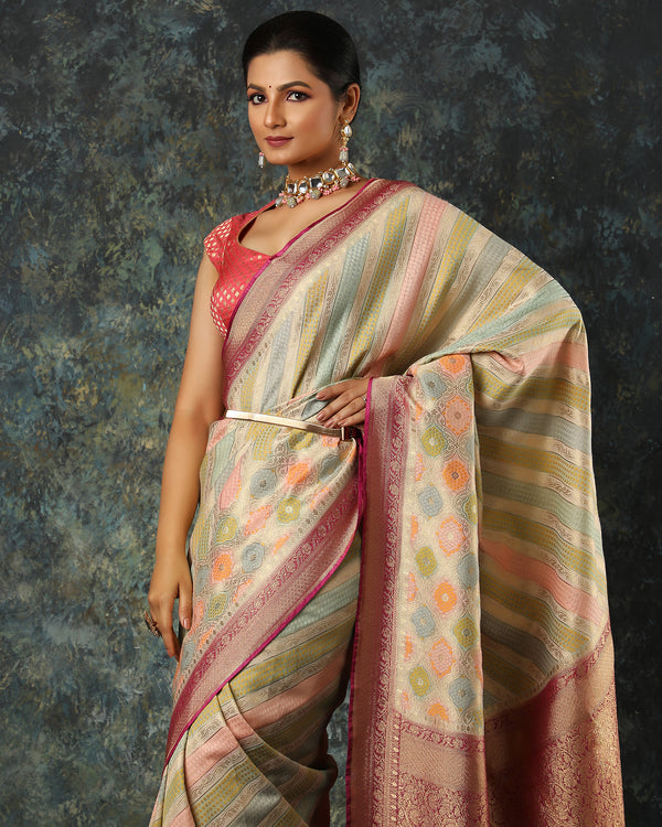 Green and Pink Banarasi Silk Saree